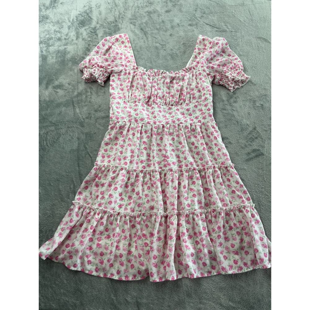 Flowers Cottagecore Pink Floral Smocked Tiered Puff Sleeve Mini Dress M